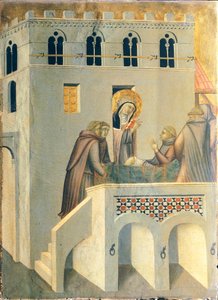 Siunattu parantaa Vallombrosan luostarin munkin jalkaa, Pietro Lorenzettin (n. 1280-1348) Siunatun Nöyryyden alttaritaulun laatta, tempera ja kulta puupaneelissa. tekijältä Pietro Lorenzetti