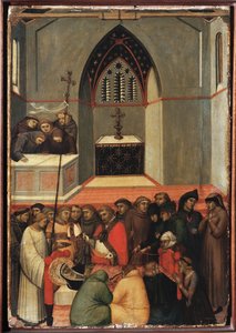 St Humilityn kaivettu ruumis on turmeltumaton (Pyhän Nöyryyden elämän polyptyykki) - Detrempe puulla 1300-luku tekijältä Pietro Lorenzetti