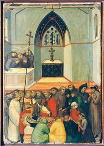 Siunatun ruumis löytyy ehjänä ja tuoreena, Pietro Lorenzettin (n. 1280-1348) Siunatun Nöyryyden alttaritaulussa oleva laatta, puupaneelissa tempera ja kulta. tekijältä Pietro Lorenzetti