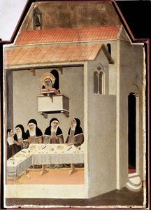 Lukutaidoton pyhimys lukee ihmeellisesti (Pyhän Nöyryyden polyptyykki) - Detrempe puulla 1300-luku tekijältä Pietro Lorenzetti