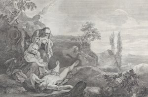 Aadam ja Eeva vasemmalla, iäkäs pariskunta, suremassa Abelin ruumista, joka makaa..., 1743-63.