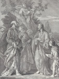 Sakkeuksen kääntymys, jossa Kristus oikealla puhuu publikaanille, joka istuu..., 1730-39.