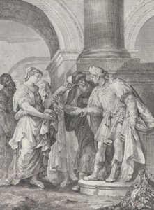 Daniel väittelee vanhimpien kanssa, kun Susanna seisoo vasemmalla, 1732-50. tekijältä Pietro Monaco