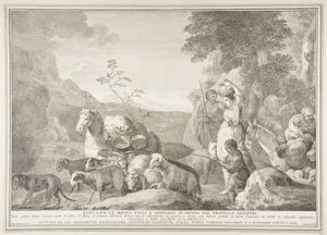 Esau ja hänen perheensä eroavat Jaakobista Esaun vaimoineen, poikineen ja aineineen sepa ..., 1743-63. tekijältä Pietro Monaco