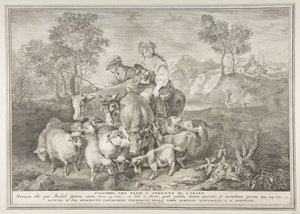 Jaakob paimen Labanin laumaa Jaakob ruokkii Labanin laumaa, 1743-63. tekijältä Pietro Monaco