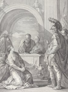 Jeftan tytär polvistumassa uhrialttarin luona, isänsä seisomassa oikealla..., 1730-50. tekijältä Pietro Monaco