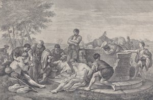 Hänen veljensä myyvät Joosefin orjuuteen, jotka istuvat kaivon ympärillä, jakaen n..., 1730-39.