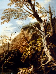 Metsäinen maisema, jossa on erakko (öljy kankaalle) tekijältä Pietro Montanini