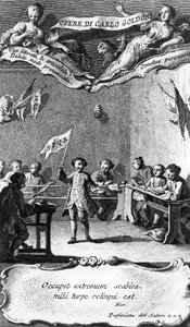 Carlo Goldoni heiluttaa lippua Perugian jesuiittakoulussa vietetyn vuoden kunniaksi "Opere di Carlo Goldonista", jonka kaiverrus Antonio Baratti, 1761