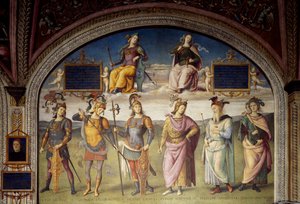 Allegoriat lujuudesta ja raittiudesta kuuden antiikkisankarin kanssa tekijältä Pietro Perugino