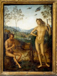 Apollo ja Marsyas "" Marsyas soittaa huilua Apollon, Lyyran kuninkaan edessä, haasteella. Pietro Vannuccin maalaus Peruginosta (1450-1523) Sun. 0,39 x 0,29 m tekijältä Pietro Perugino