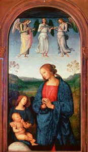 Pavian Chartreusen polyyptiikka: ""Madonnalla on lapsi ja kolme enkeliä"" Pietro Vannucci dit il Peruginon maalaus (Perugin) tekijältä Pietro Perugino