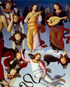 Kristuksen taivaaseenastuminen Musiikkienkeleitä edustava yksityiskohta. Pietro Vannuccin maalaus dit Il Perugino (Perugin) (1450-1523) 1496 Lyon, Kuvataidemuseo tekijältä Pietro Perugino