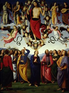 Kristuksen Jeesuksen Kristuksen ylösnousemus on esitetty mandorlassa. Yksityiskohta. Pietro Vannuccin maalaus Il Peruginosta tekijältä Pietro Perugino