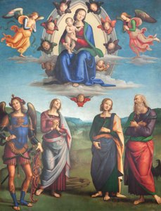 Neitsyt lapsen kanssa kunniassa pyhien kanssa tekijältä Pietro Perugino