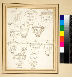 12 marmorista kannellista hautauurnia. (kynä) tekijältä Pietro Santi Bartoli