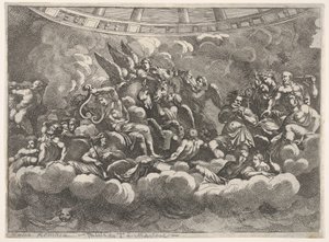Erilaisten olympialaisten jumalien ja mytologisten hahmojen kokoontuminen pilvien sekaan, Apollo at ce..., n. 1680.