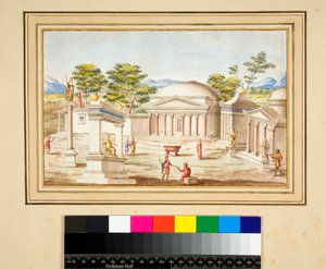 Maisema Pantheonin kanssa (musta liitu, osa kynällä ja ruskealla musteella. värjätty vesiväreillä) tekijältä Pietro Santi Bartoli