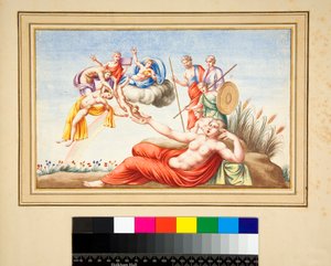 Lunette haudasta (musta liitu, osa kynällä ja ruskealla musteella. värjätty vesivärillä) tekijältä Pietro Santi Bartoli
