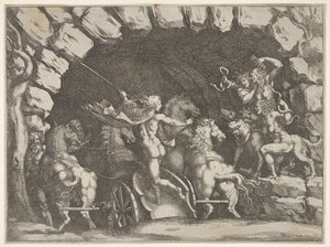 Pluto, takaa katsottuna, astumassa alamaailmaan vaunuillaan, Cerberus ja kolme Fu..., n. 1680.