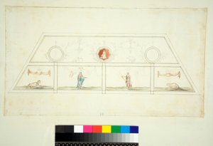 Villa Madaman holvi (musta liitu, osa kynällä ja ruskealla musteella. värjätty vesiväreillä) tekijältä Pietro Santi Bartoli