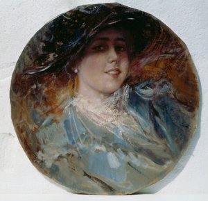Säteilevä hymy, Pietro Scoppetta (1863-1920), öljy kankaalle levitetty pahville, 37,5 cm