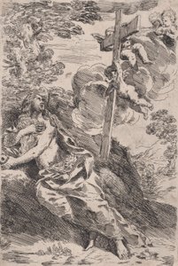 Maria Magdaleena erämaassa, oikealla enkelien kantama risti, n. 1630. tekijältä Pietro Testa