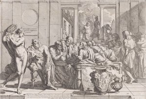 Platonin symposium: Sokrates ja hänen toverinsa pöydän ympärillä keskustelemassa ihanteellisesta rakkaudesta..., 1648.