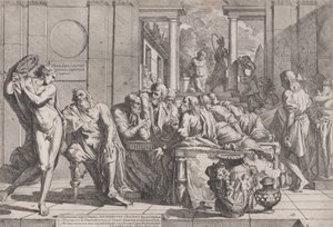 Platonin symposium: Sokrates ja hänen toverinsa pöydän ympärillä keskustelemassa ihanteellisesta rakkaudesta..., 1648.