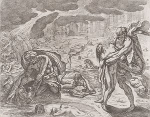 Vedenpaisumus, hahmoja vedetään vedestä, n. 1640-42. tekijältä Pietro Testa