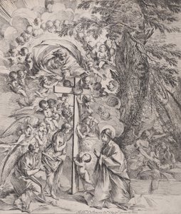 Oikealla nukkuvan Pyhän Joosefin unelma, Neitsyt ja Lapsi croon luona..., n. 1635-37. tekijältä Pietro Testa
