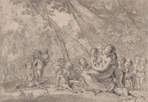 Hyväntekeväisyyden puutarha, oikealla hyväntekeväisyyttä edustava nainen lasten ympäröimänä, ..., n. 1631-37. tekijältä Pietro Testa
