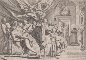 Filosofi Caton itsemurha, joka makaa sängyllään ja veti sisäpuolia ulos, katsoi b..., 1648.