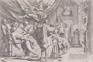 Filosofi Caton itsemurha, joka makaa sängyllään ja veti sisäpuolia ulos, katsoi b..., 1648.