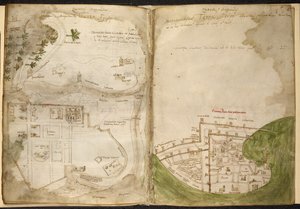 Jerusalemin ja Acren kartat, Marino Sanudo Torsello, "Ristin uskollisten salaisuuksien kirja", n. 1320-1325 (rungon väri pergamentilla) tekijältä Pietro Vesconte