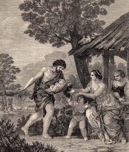Romulus ja Remus. Kaiverrus Pietro da Cortonen maalauksen jälkeen. Kaiverrus vuodelta 1860. tekijältä Pietro da Cortona