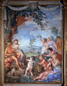 Allegoria neljästä aikakaudesta, kultainen aika Pietro da Cortonan (1596-1669) fresko 1637 Salle du Poele (Stanza della Stufa), Palatiinan galleria, Palazzo Pitti, Firenze