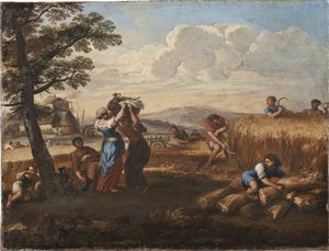 Maisema ja sadonkorjuukohtaus - Maisema sadonkorjuun kanssa, kirjoittanut Cortona, Pietro da (1596-1669) (Pierre de Cortona). Öljy kankaalle. Koko: 50 x 65 cm. Tukholman kansallismuseo tekijältä Pietro da Cortona