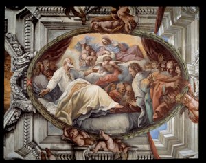 Pyhän Filippuksen toipuminen seurakunnan neitsytfreskon ilmestymisen jälkeen Pietro da Cortona (Cortonan Pietari) (1596-1669) 1652 Rooma, punainen huone Santa Marian kirkko Vallicellassa Italiassa tekijältä Pietro da Cortona