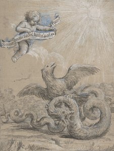 Suunnittelu, jossa kotka taistelee käärmeen ja putton kanssa taivaalla..., 1600-luku. tekijältä Pietro da Cortona