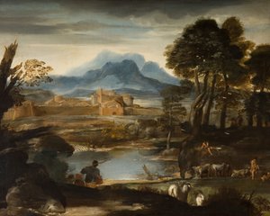 Maisema, jossa järvi ja muurettu kaupunki, 1635. tekijältä Pietro da Cortona