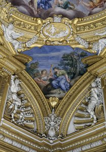 Apollon Sala di Apollo Hall of Apollo yksityiskohta pendentivesta, joka kuvaa muusoja Thaliaa ja Cliota, n. 1647 fresko tekijältä Pietro da Cortona
