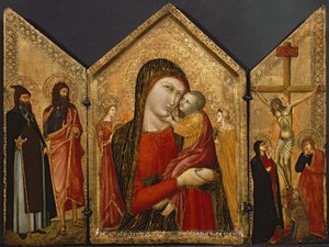 Madonna ja lapsi, ristiinnaulitseminen ja pyhät, n. 1340-1370 (tempera ja kultalehti paneelissa) tekijältä Pietro follower of Lorenzetti