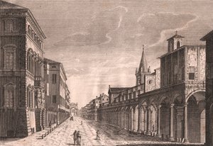 Näkymä Strada Maggiorelle Bolognassa, Emilia-Romagna, Italia, C Lambertinin kuparikaiverrus Pio Panfilin (1723-1812) piirustuksen mukaan, noin 13,5x19 cm tekijältä Pio Panfili
