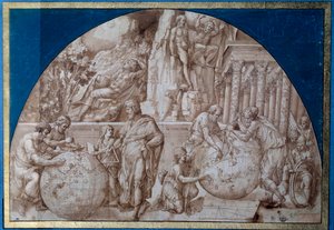 Tähtitiede allegoria. Tiedemiehet tekevät mittauksia maapallolla. Pirro Ligorion piirustus ruskealla musteella (noin 1500-1583) 1500-luvun Pariisi, Louvre-museo tekijältä Pirro Ligorio