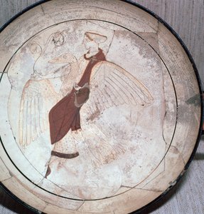 Yksityiskohta kylixistä, jossa Aphrodite ratsastaa hanhen selässä, 5. vuosisadalla eKr. tekijältä Pistoxenos painter