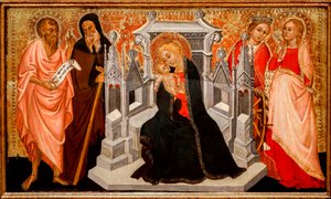 Madonna ja lapsi pyhien kanssa. 1400-luku (Tempera on Wood) tekijältä Pittore Marchigiano