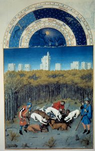 Joulukuu: metsästyskohtaus. Taustakuvassa Pol De Limburgin (1400-luku) flaamilainen Vincennes-miniatyyri käsikirjoituksesta "Berryn herttuan erittäin rikkaat tunnit"
