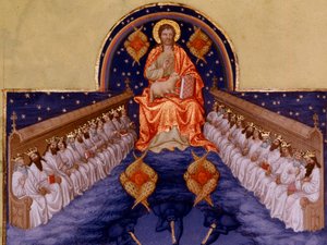 Pyhä Johannes Patmosissa. Pol De Limburgin (1400-luku) "" Miniatyyri teoksessa "" Berryn herttuan erittäin rikkaat hetket". Chantilly, Musee Conde
