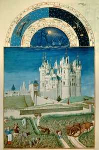 Syyskuu: sadonkorjuu. Taustalla Pol De Limburgin (1400-luku) linna Saumur Miniature Flandria käsikirjoituksesta "Berryn herttuan erittäin rikkaat tunnit"